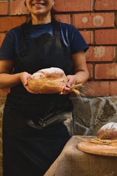 Cropped view. A loaf of whole grain homemade brown round sourdough bread, in the hands of a charming woman, baker in black chef's apron and white cap, standing near table with exposed baked pastries
