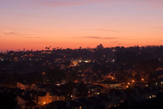 suburban california lit the with golden orange light of sunset