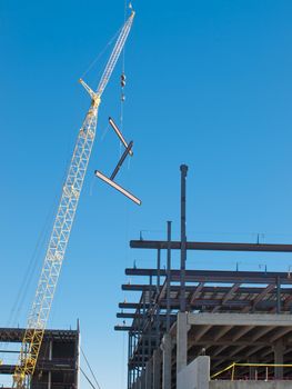 Construction site of the new retail building. Steel frame construction.