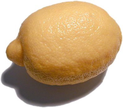 High-angle close-up of a lemon, natural source of vitamin C and citric acid, with shadow on white background