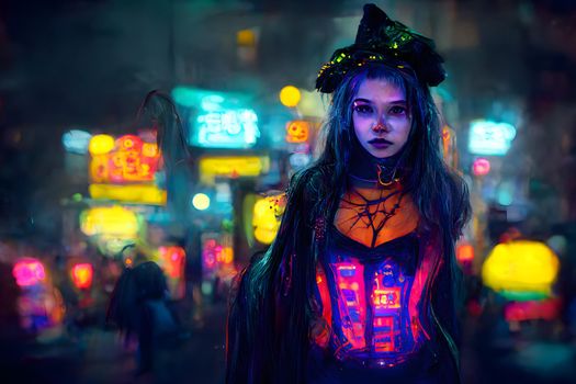 neon Halloween witch makeup girl in stylish costume at halloween celebration night, neural network generated art. Digitally generated image. Not based on any actual scene or pattern.
