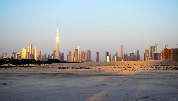 Sunrise over a skyline of a beautiful city of Dubai. Shot made in Jadaf area of the city. UAE. Outdoors