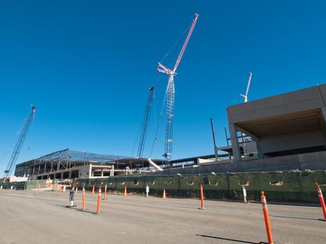 Construction site of the new retail building. Steel frame construction.