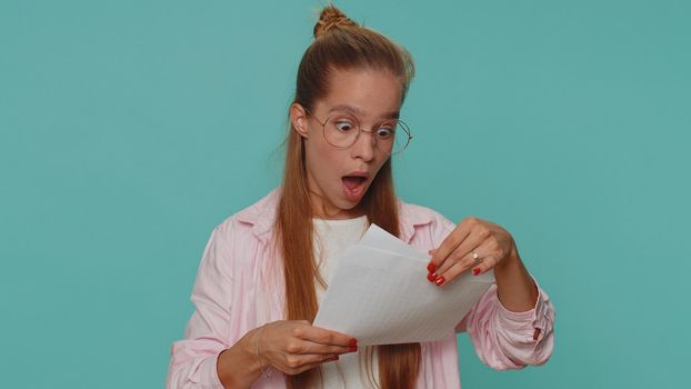 Teen girl open envelope take out letter reads it feel happy. Career growth, success education exam test result, bank loan approve, monetary award, long-awaited invitation great news. Student child kid