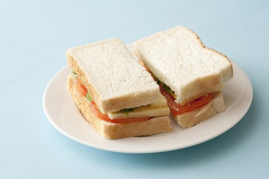 Basic white bread sandwich with cheese and tomato halved and served on a plate over a blue background