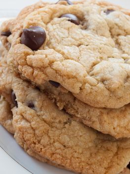 Stack of homemade chocolate chip cookies.