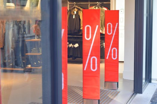 Showcase shops with a stand about sales