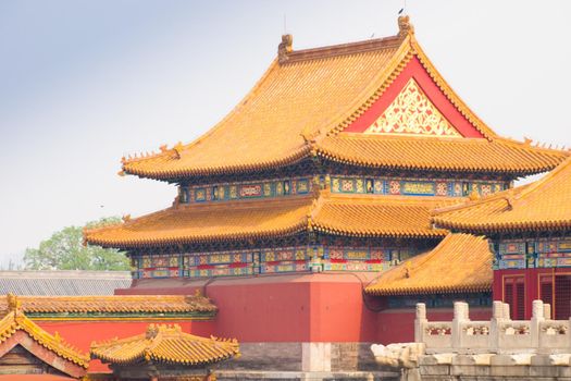 Facade and roofs details, Forbidden City in Beijing. Imperial palace in China.