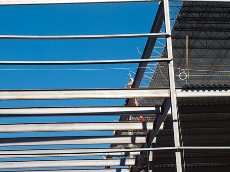 Construction site of the new retail building. Steel frame construction.