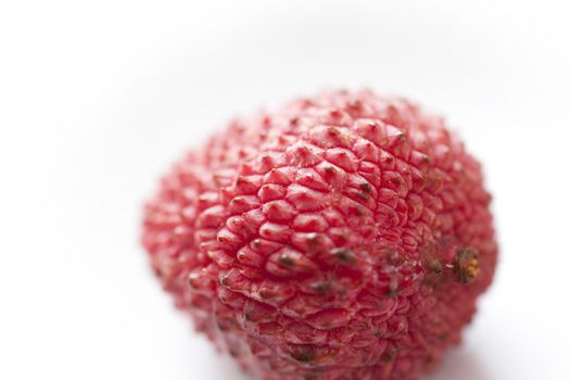 Fresh tropical litchi or lychee in a close up view showing the rough stippled texture of the skin over white
