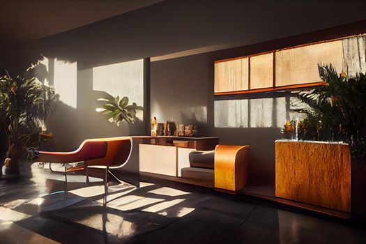 mid century modern style interior, neural network generated art. Digitally generated image. Not based on any actual scene or pattern.