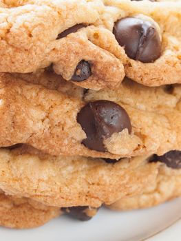 Stack of homemade chocolate chip cookies.