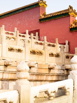 Facade and roofs details, Forbidden City in Beijing. Imperial palace in China.