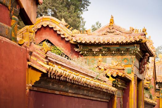 Facade and roofs details, Forbidden City in Beijing. Imperial palace in China.