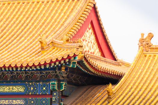 Facade and roofs details, Forbidden City in Beijing. Imperial palace in China.