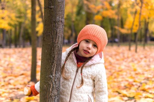 One happy funny child kid Girl orande Hat walking in park forest enjoying autumn fall nature weather. siblings Kid Collect falling leaves in baskets, playing hiding tree play hide and seek together.