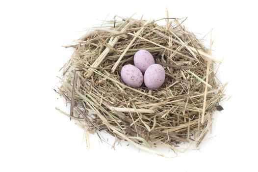 Straw nestwith three small speckled pink Easter Eggs of sugared candy on a white background