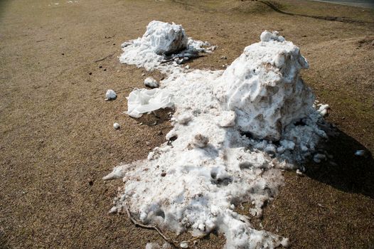 Compacted dirty snow lying on the ground, an indication of changing weather patterns due to global warming and climate change