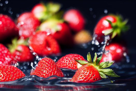 3D render illustration strawberries in water splash isolated on black background