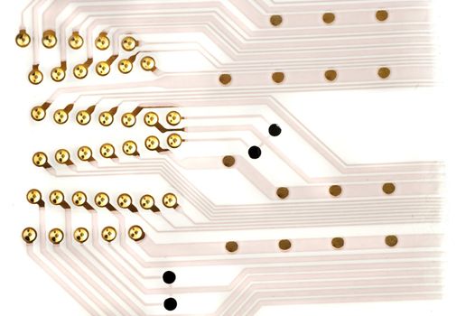 Close up view on electrical conduits and circuits for flex keyboard parts with white background