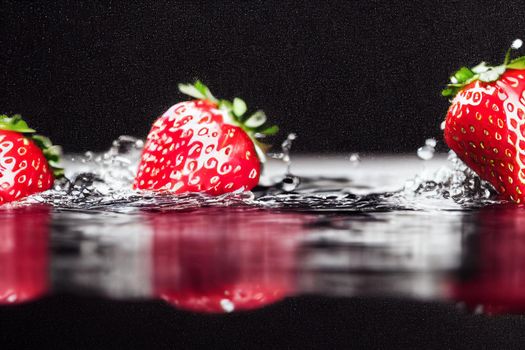 3D render illustration strawberries in water splash isolated on black background