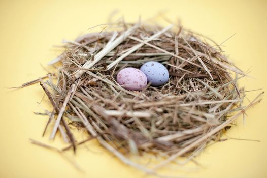 Straw nest with two pastel coloured speckled candy Easter Eggs , selective focus to eggs.