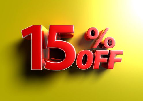 15 Percent off 3d illustration Sign on yellow background.