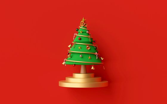 Merry Christmas and Happy New Year, Christmas tree on red background, 3d rendering