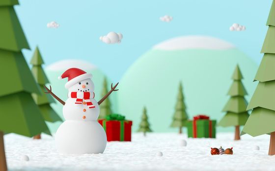 merry christmas and Happy New Year, Landscape of Snowman in pine forest celebrate with Christmas gift on a snowy ground, 3d rendering