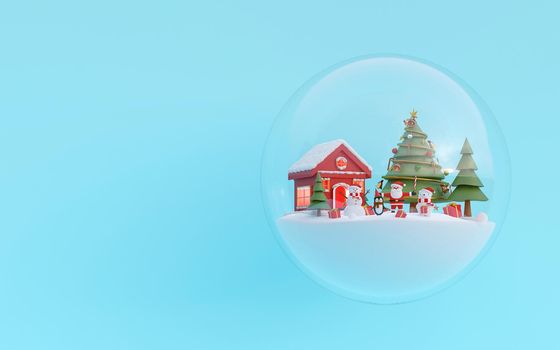 Merry Christmas and Happy New Year, Christmas party with Santa Claus and friend in a snow globe, 3d rendering