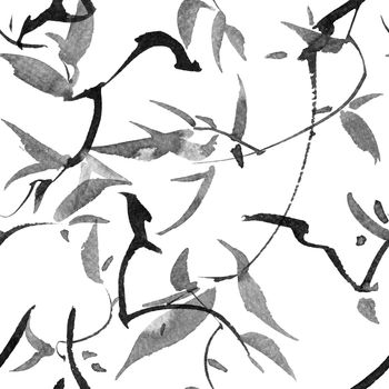 Watercolor and ink illustration of tree foliage - grayscale leaves on white background. Seamless pattern. Oriental traditional painting in style sumi-e or gohua.