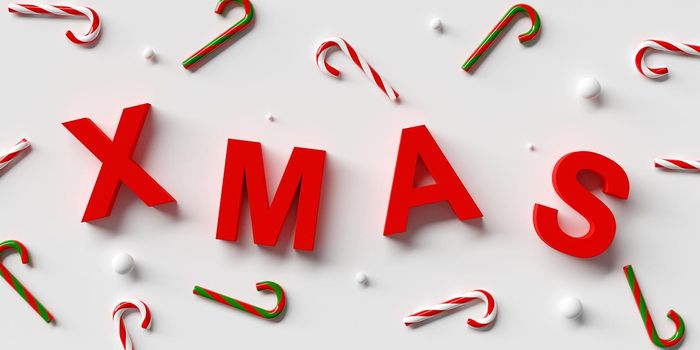 Merry Christmas and Happy New Year, Red letters XMAS with Christmas decoration on white background, 3d rendering