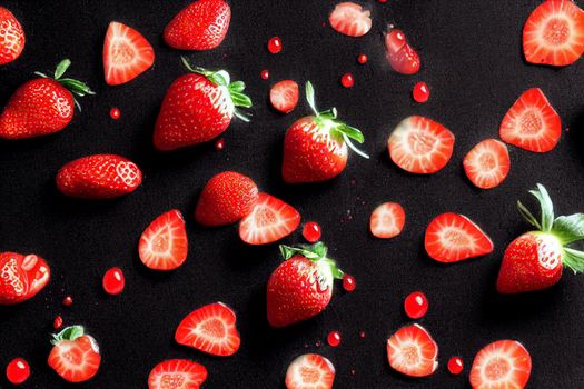 3D render illustration strawberries in water splash isolated on black background