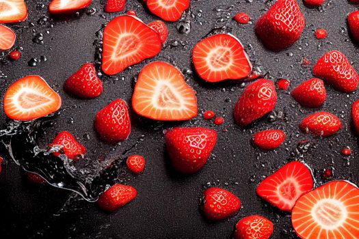 3D render illustration strawberries in water splash isolated on black background