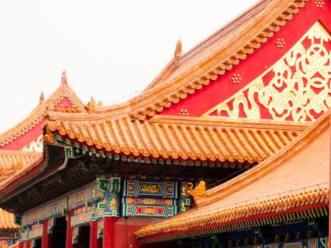 Facade and roofs details, Forbidden City in Beijing. Imperial palace in China.