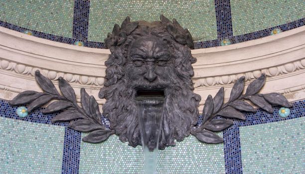 Fountain in the building of The Castle Garden Bazaar. Budapest. Hungary. High quality background photo Close up detail