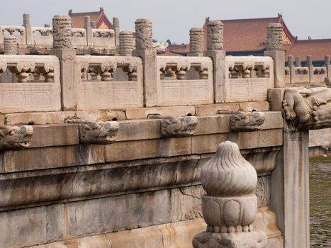 Facade and roofs details, Forbidden City in Beijing. Imperial palace in China.