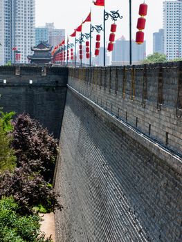 Xian ancient city wall with pagodas.