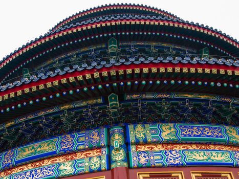 Facade and roofs details, Temple of Haven in Beijing. Imperial palace in China.