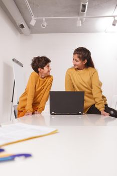 Vertical shot of teen girl and her little brother smiling at each other while working on school project together on a laptop