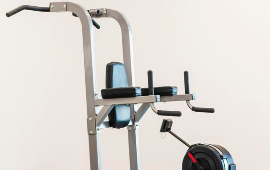 Close up shot of various gym equipment and weights.