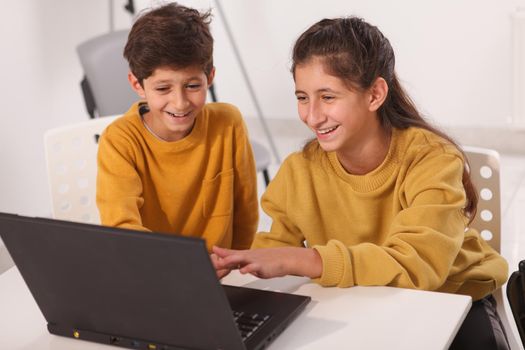 Cute little Arab boy and his teen sister laughing, working on online project on a computer together