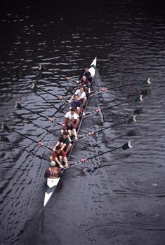 a university rowing team viewed from above