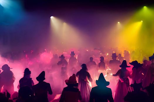 massive halloween party with many unrecognizable costumed people dancing in fog or smoke, neural network generated art. Digitally generated image. Not based on any actual scene or pattern.