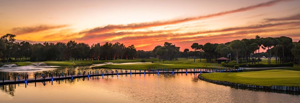 Landscape view of beautiful golf course at sunset in Turkey Belek