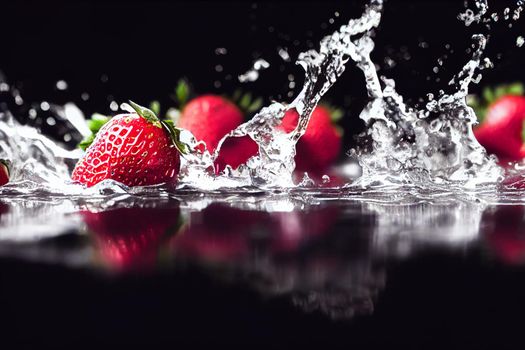 3D render illustration strawberries in water splash isolated on black background