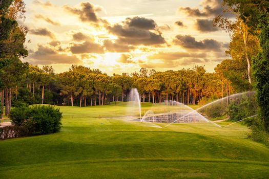 Golf course at sunset with beautiful sky. Scenic panoramic view of golf fairway
