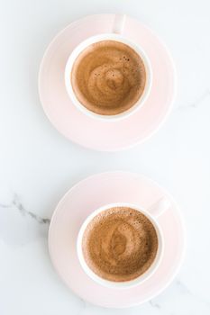 Breakfast, drinks and modern lifestyle concept - Hot aromatic coffee on marble, flatlay