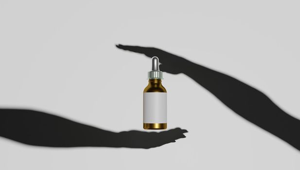 Mock-up of glass dropper bottle with hand shadow. Concept of natural cosmetics. Close-up, flat lay, copy space