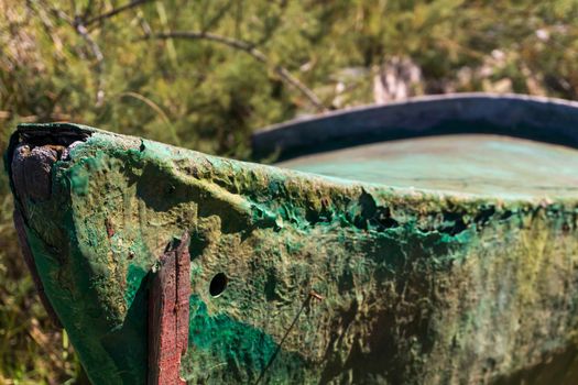 An old wooden boat abandoned in the thickets on the river bank close up